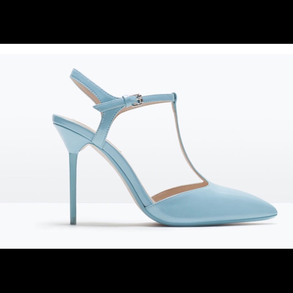 New baby blue patent leather t-strap Zara heels